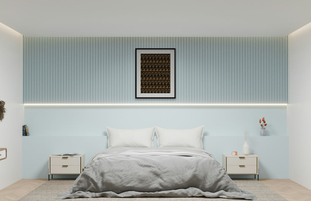 Custom hidden message print with a date, framed in a calm bedroom