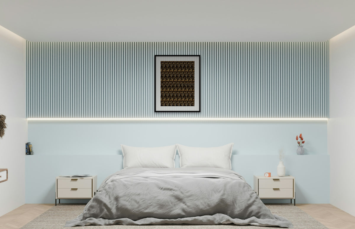 Custom hidden message print with a date, framed in a calm bedroom