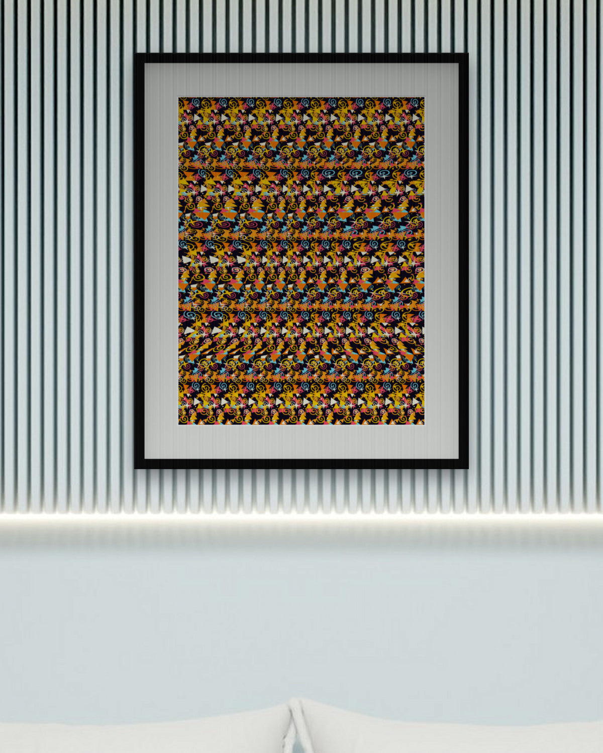 Sweet Candy Corn Surprise hidden 3D art print, framed in a calm bedroom