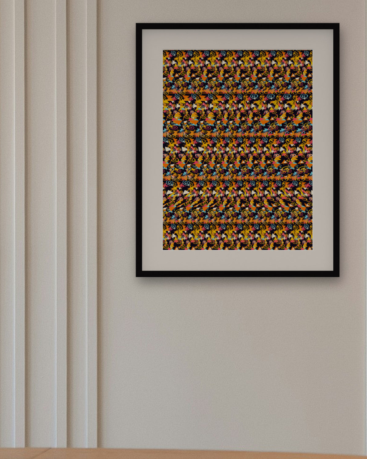 Sweet Candy Corn Surprise hidden 3D art print, framed in a panelled dining room