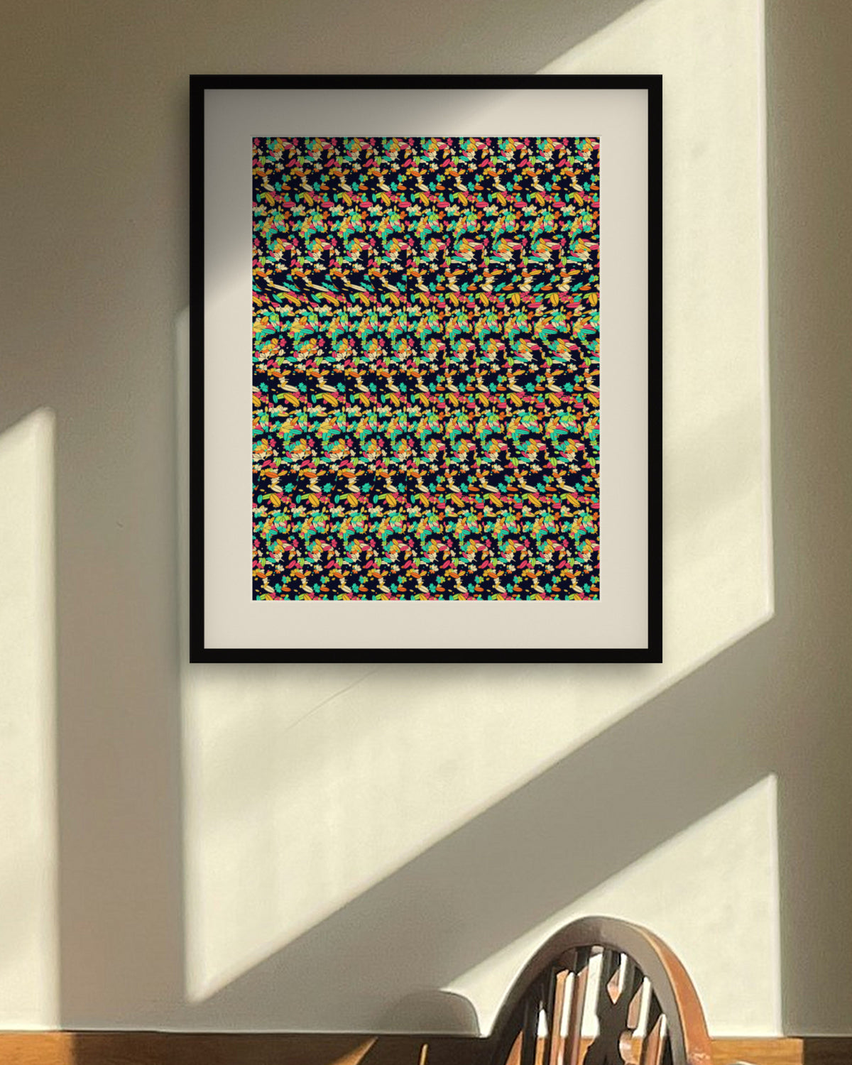 Golden Acorn Secret hidden 3D art print, framed in a sunlit dining nook
