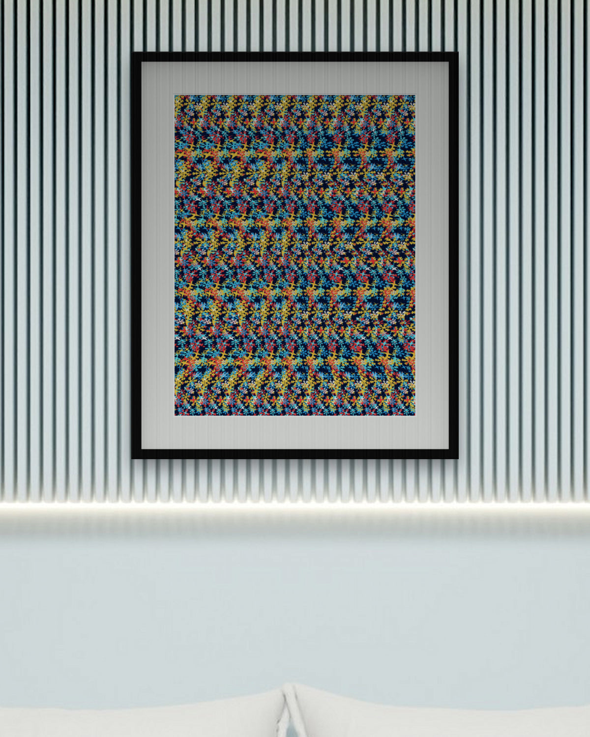 Secret Snowman Smile hidden 3D art print, framed in a calm bedroom