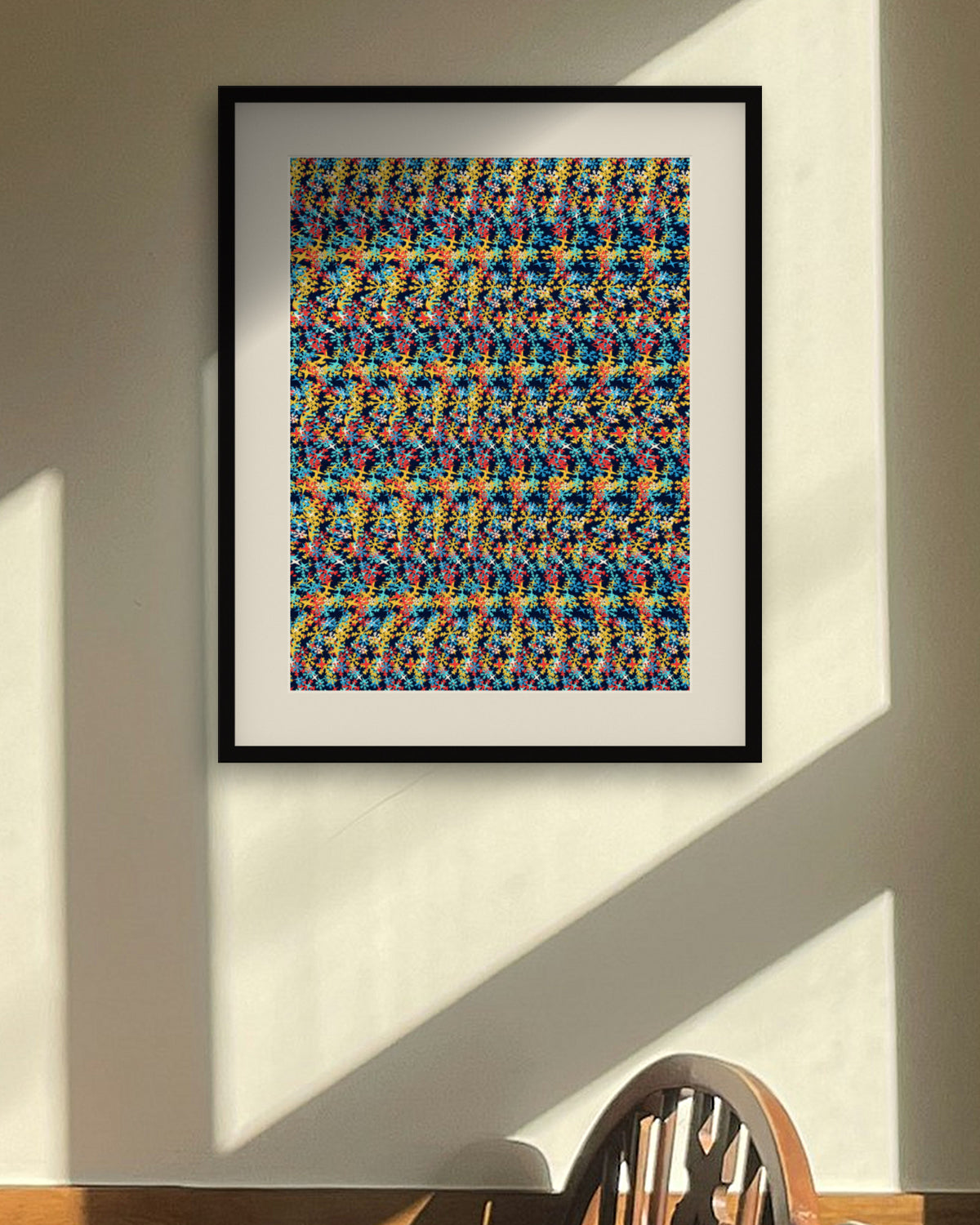 Secret Snowman Smile hidden 3D art print, framed in a sunlit dining nook