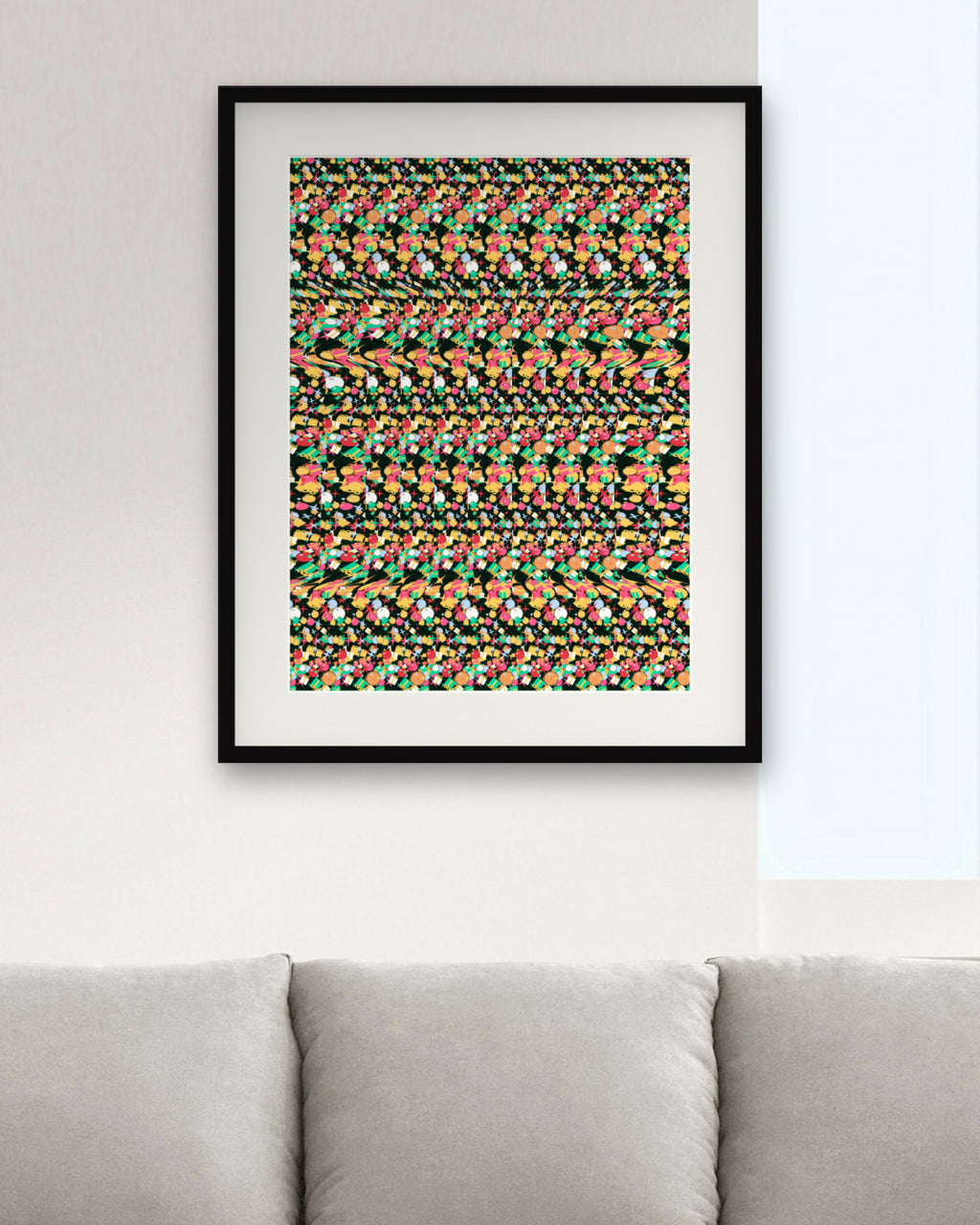 Hidden Holiday Gift hidden 3D art print, framed in a modern living room