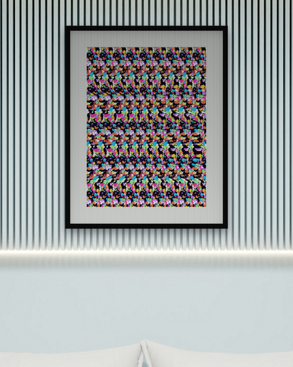 Curious Cat Hideaway hidden 3D art print, framed in a calm bedroom