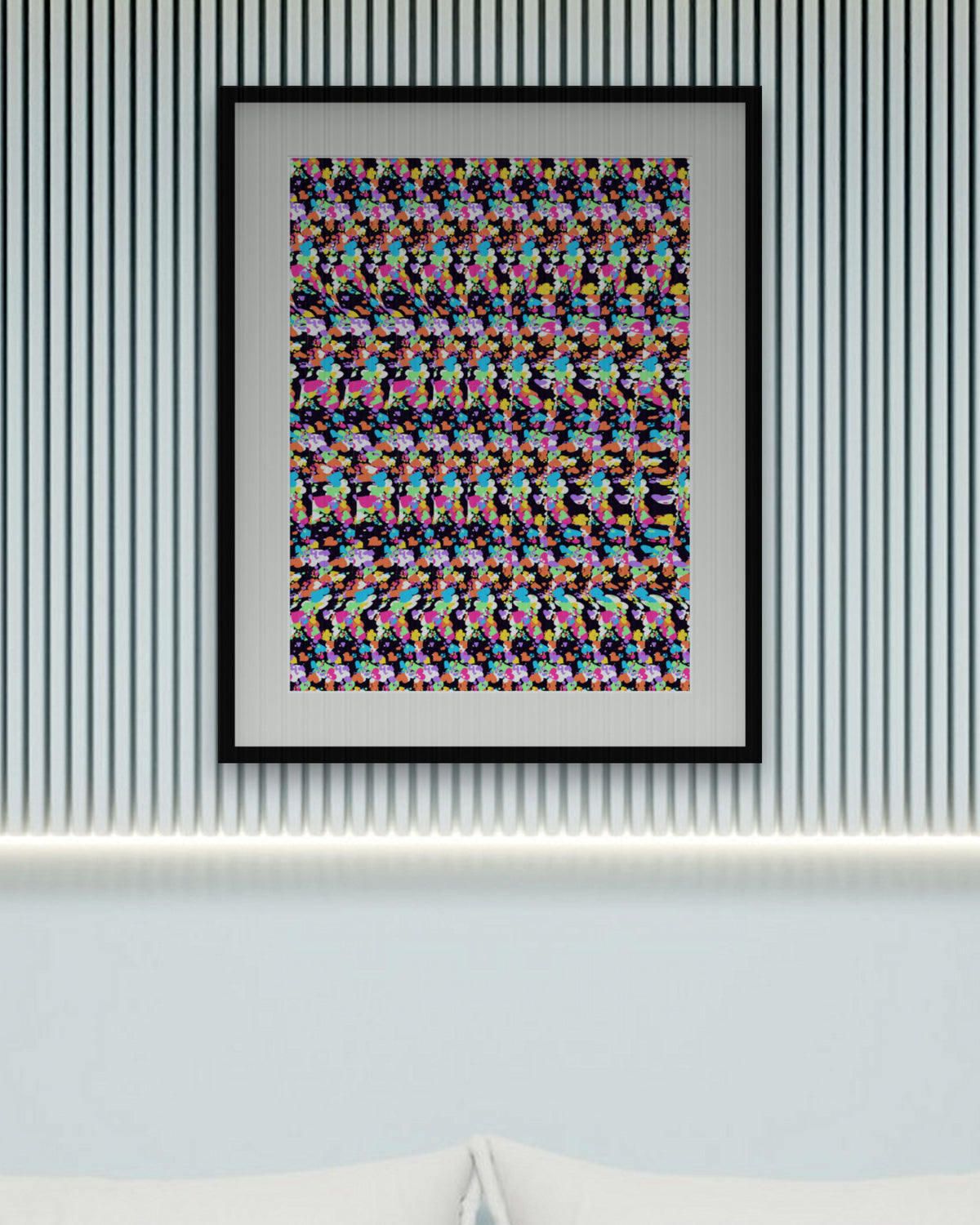 Curious Cat Hideaway hidden 3D art print, framed in a calm bedroom