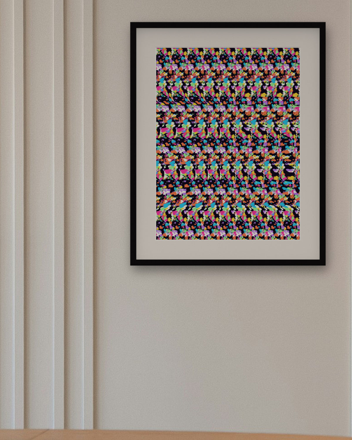 Curious Cat Hideaway hidden 3D art print, framed in a panelled dining room