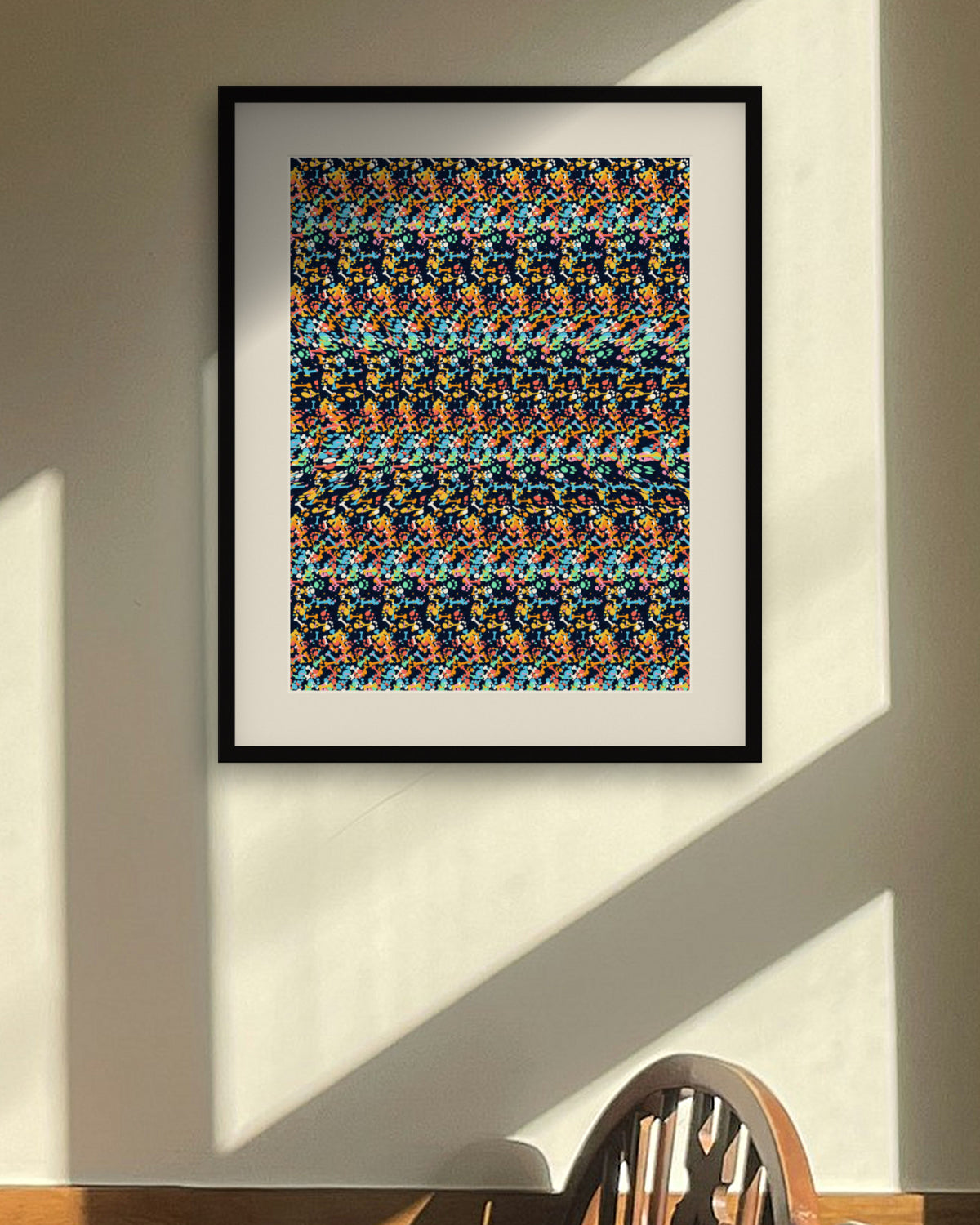 Hidden Puppy Love hidden 3D art print, framed in a sunlit dining nook
