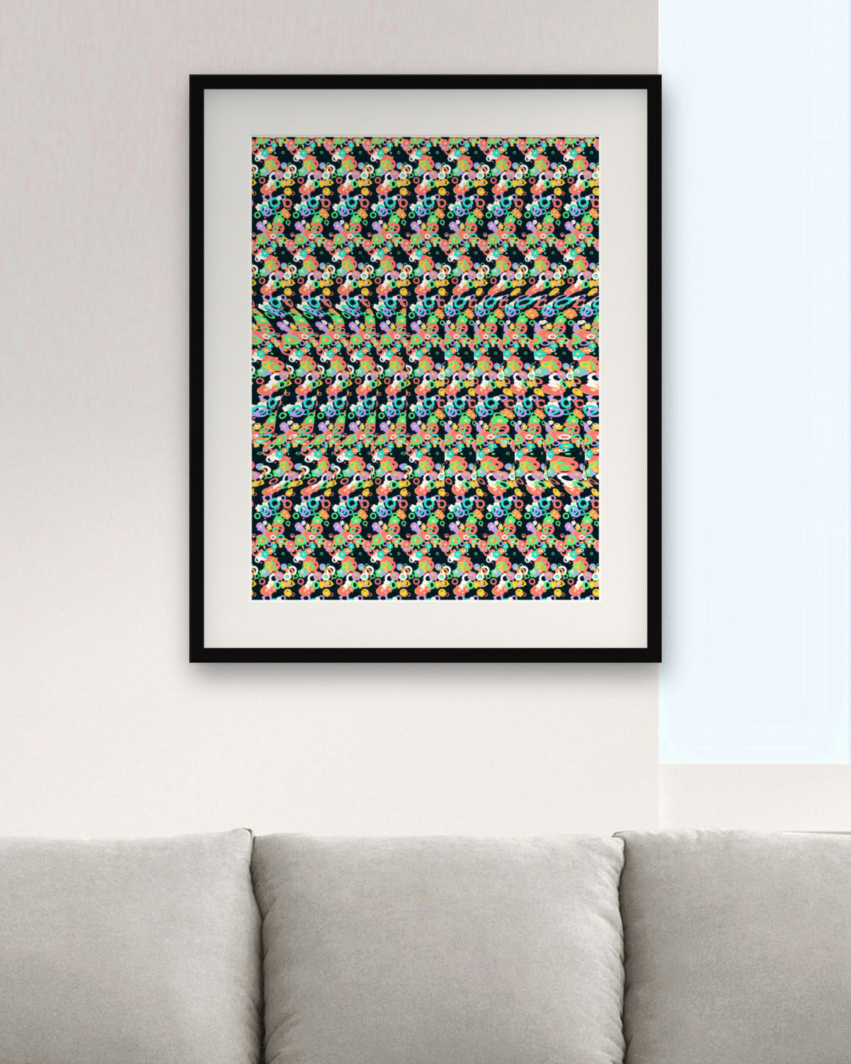 Gentle Giant Elephant hidden 3D art print, framed in a modern living room