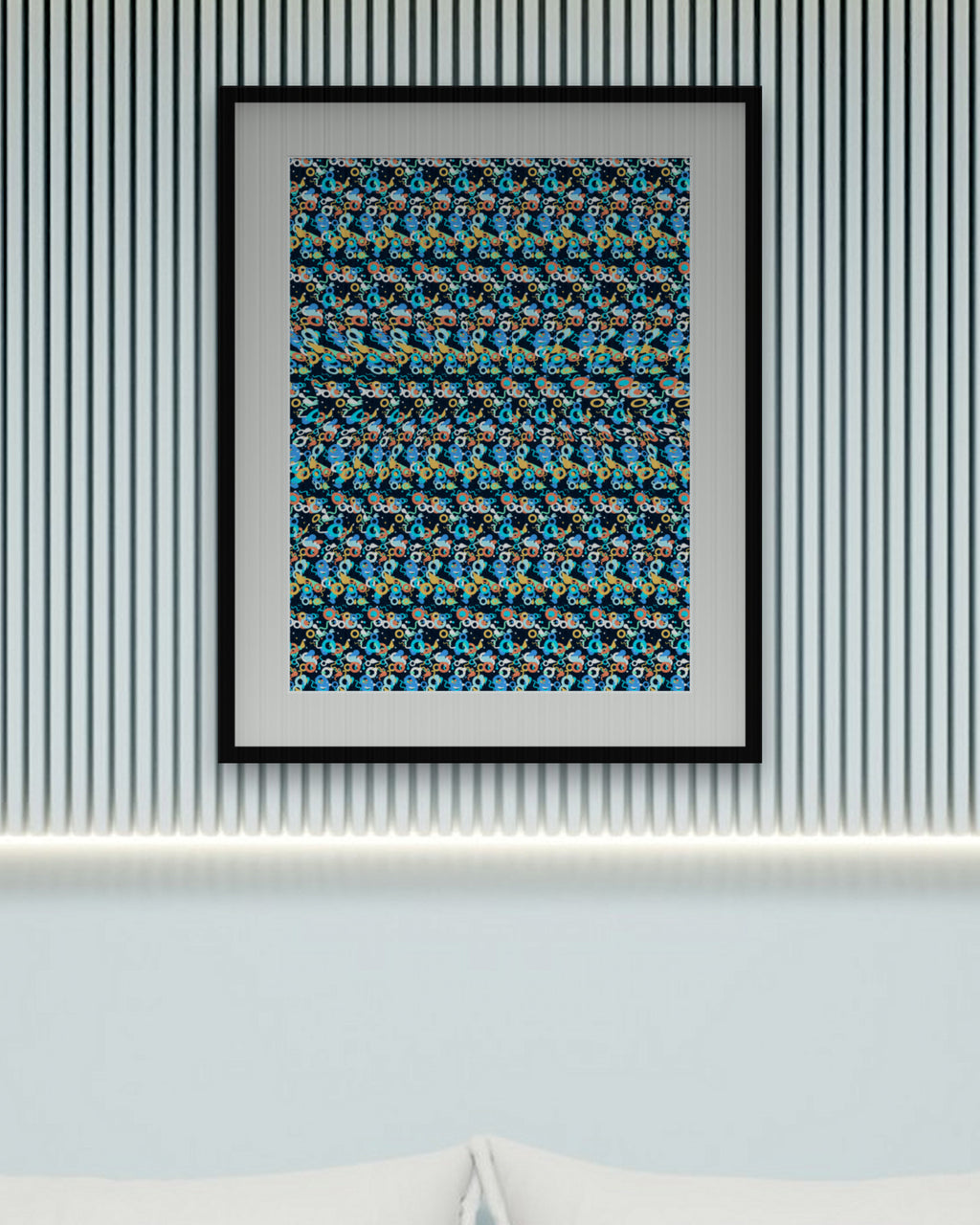 Leaping Dolphin Dream hidden 3D art print, framed in a calm bedroom