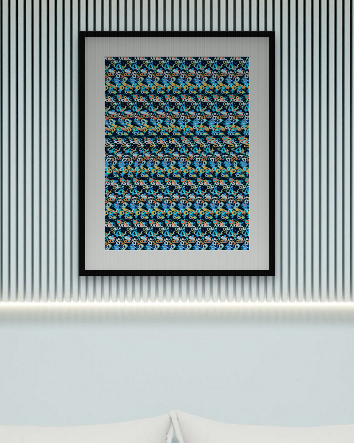 Leaping Dolphin Dream hidden 3D art print, framed in a calm bedroom