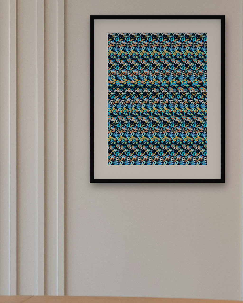 Leaping Dolphin Dream hidden 3D art print, framed in a panelled dining room
