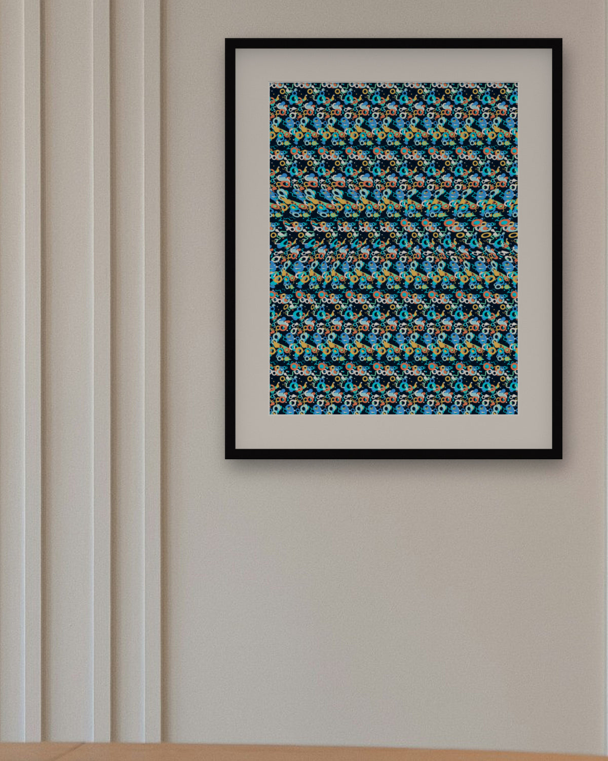 Leaping Dolphin Dream hidden 3D art print, framed in a panelled dining room