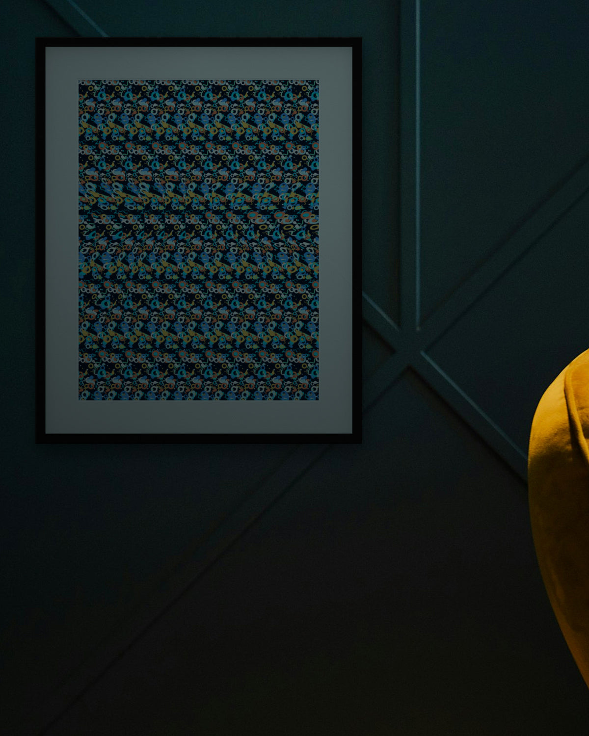 Leaping Dolphin Dream hidden 3D art print, framed in a dark luxury lounge