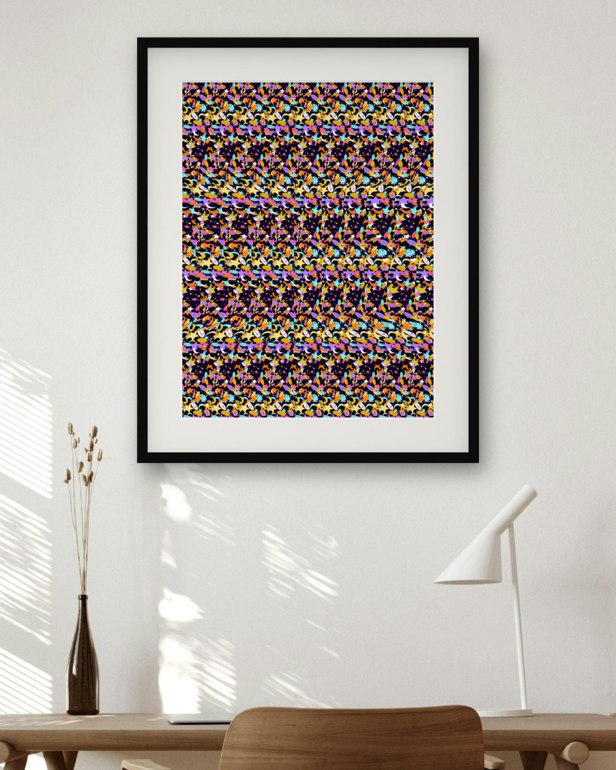 Night Owl Watch hidden 3D art print, framed in a home office