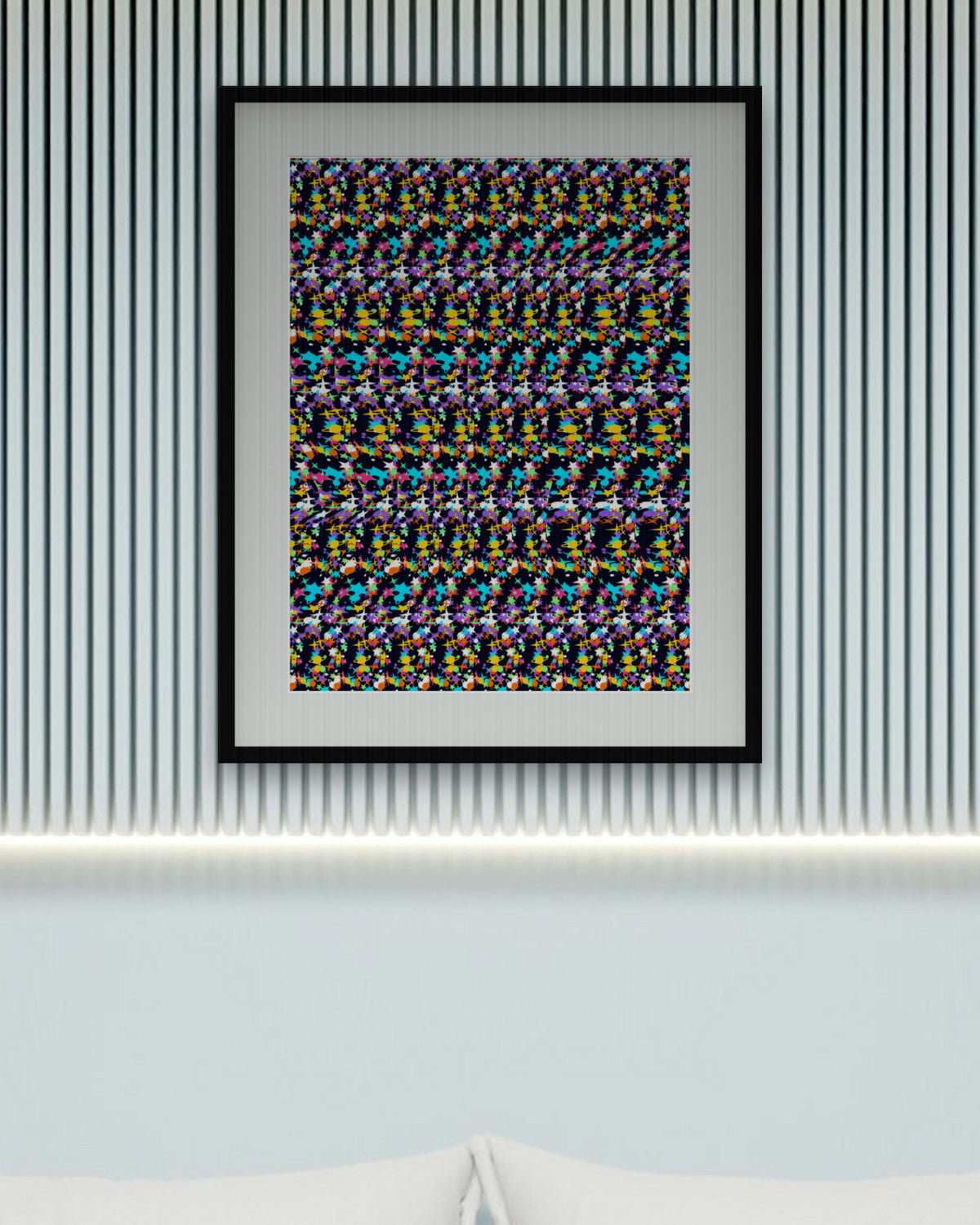Rocket Launch Reveal hidden 3D art print, framed in a calm bedroom