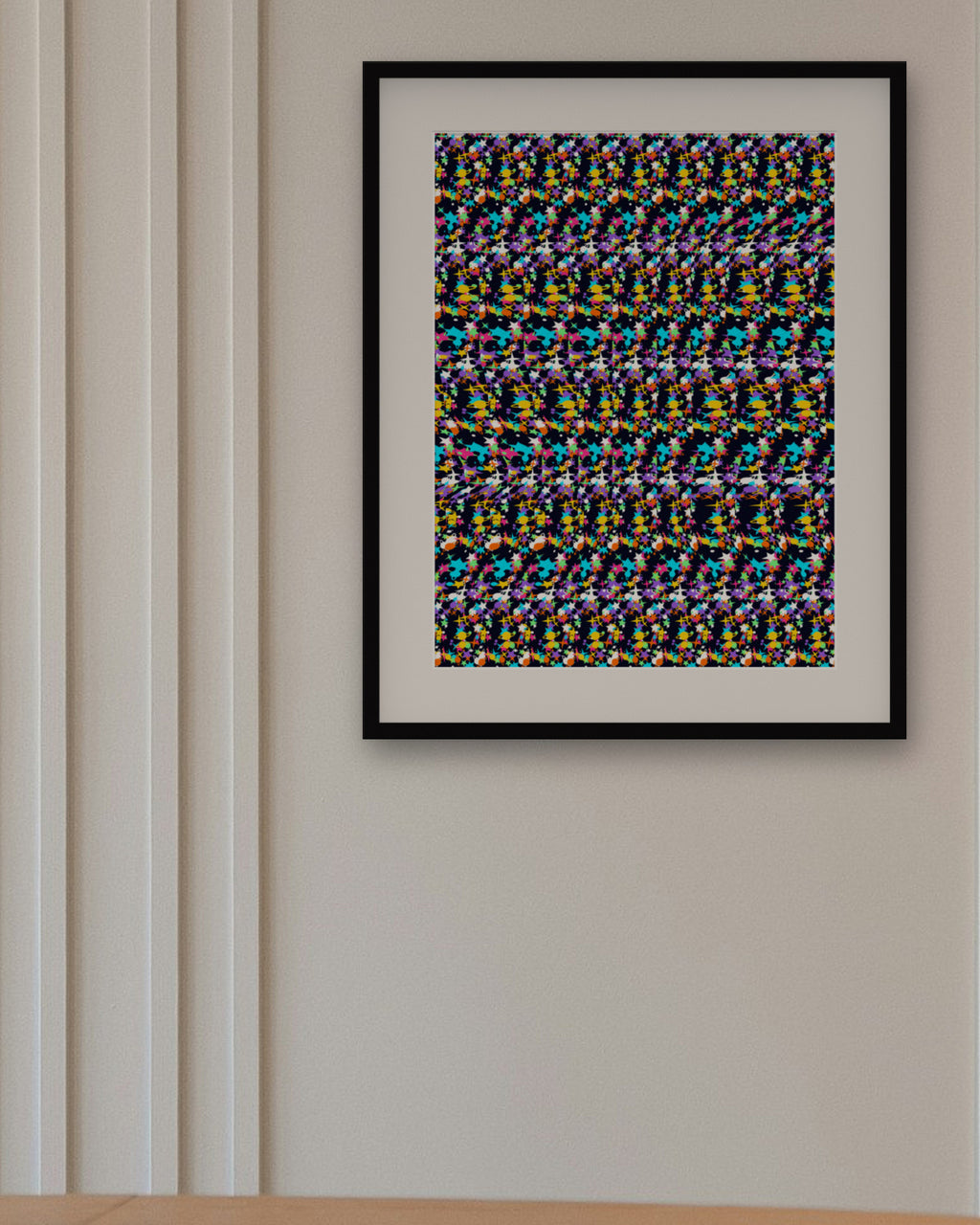 Rocket Launch Reveal hidden 3D art print, framed in a panelled dining room