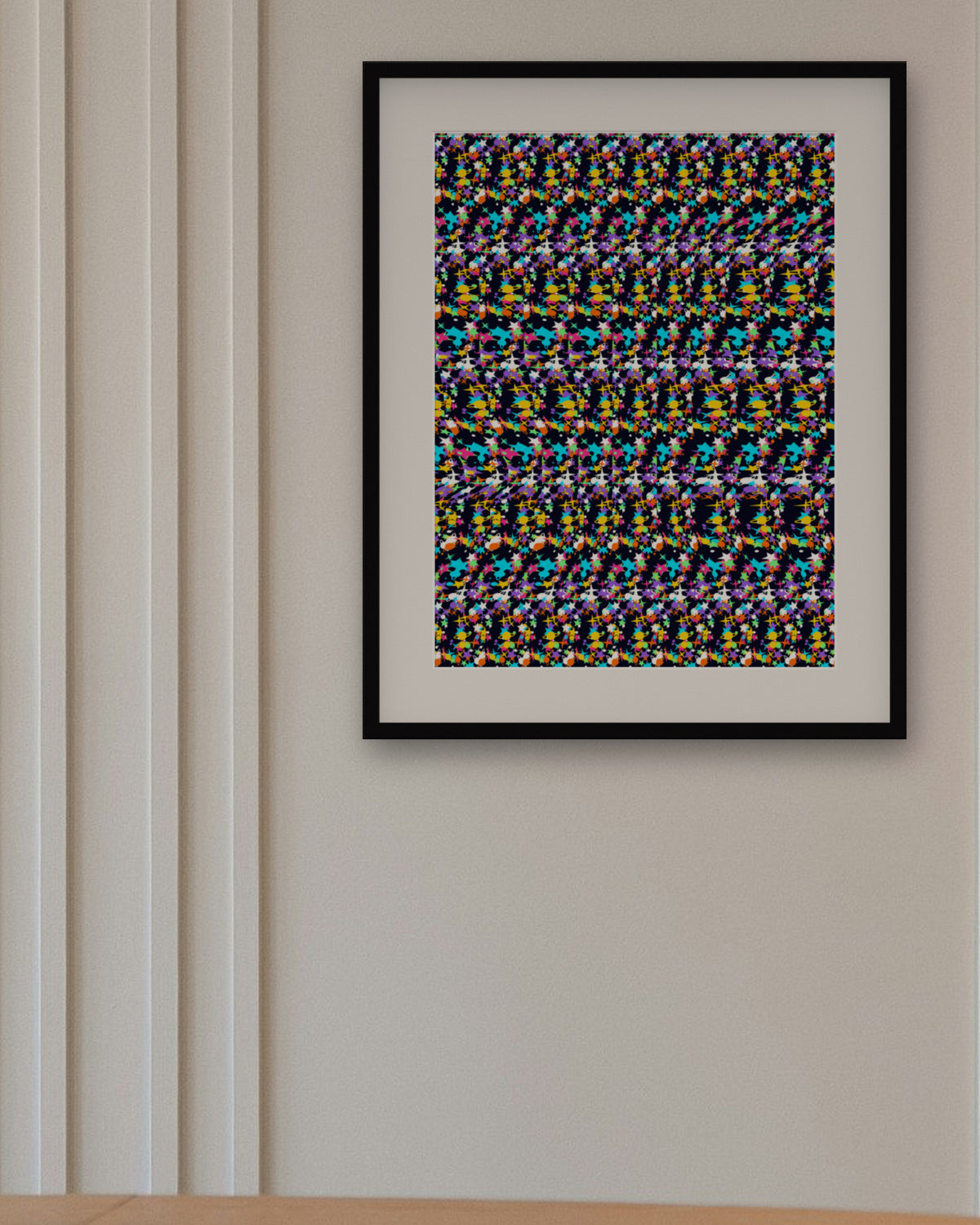 Rocket Launch Reveal hidden 3D art print, framed in a panelled dining room