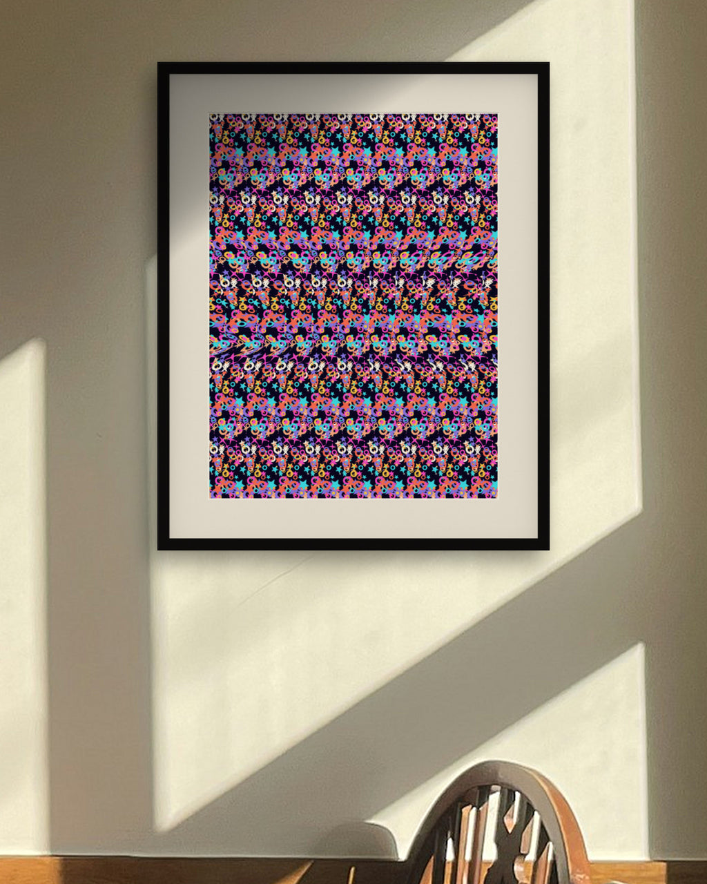 Ringed Planet Odyssey hidden 3D art print, framed in a sunlit dining nook