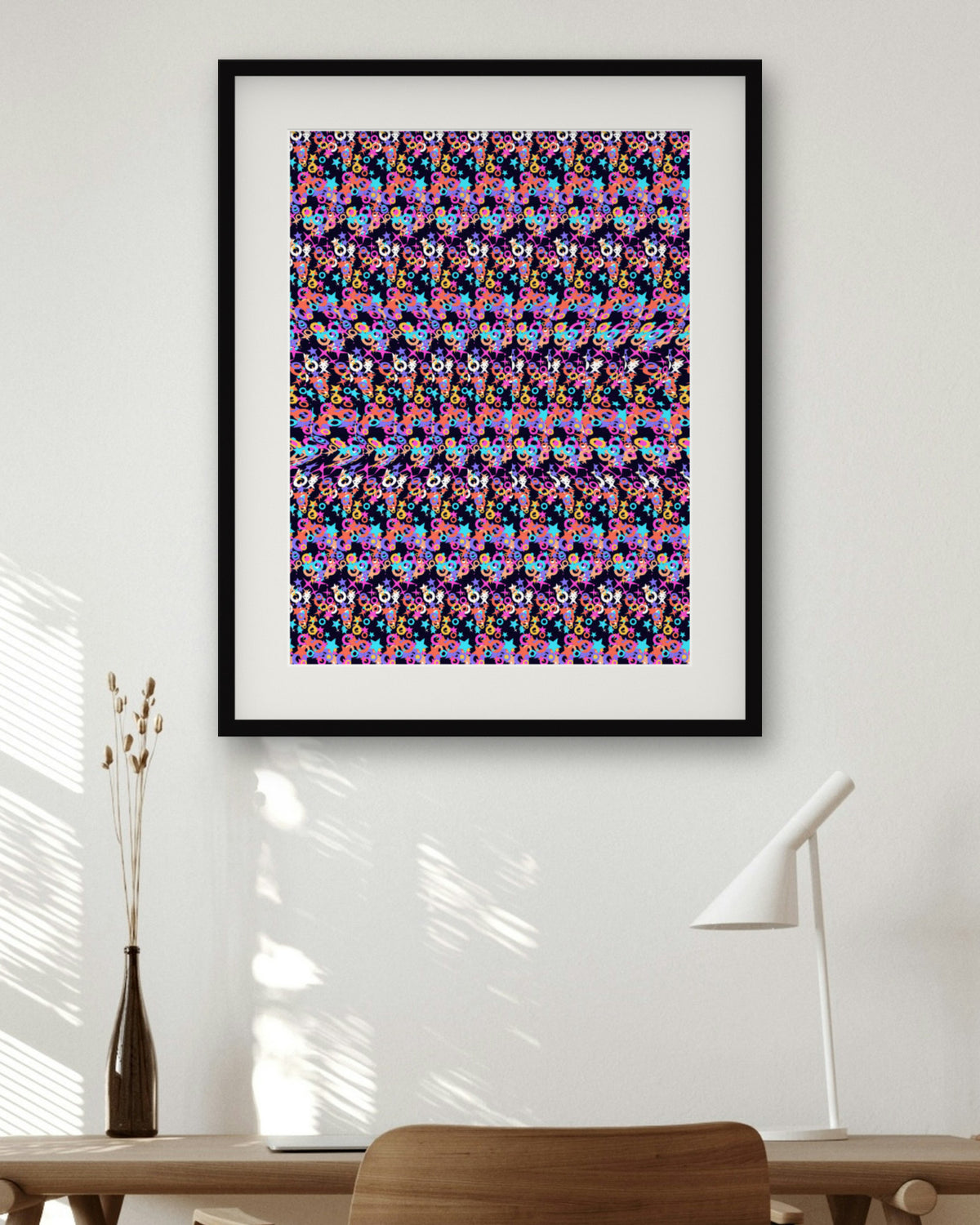 Ringed Planet Odyssey hidden 3D art print, framed in a home office