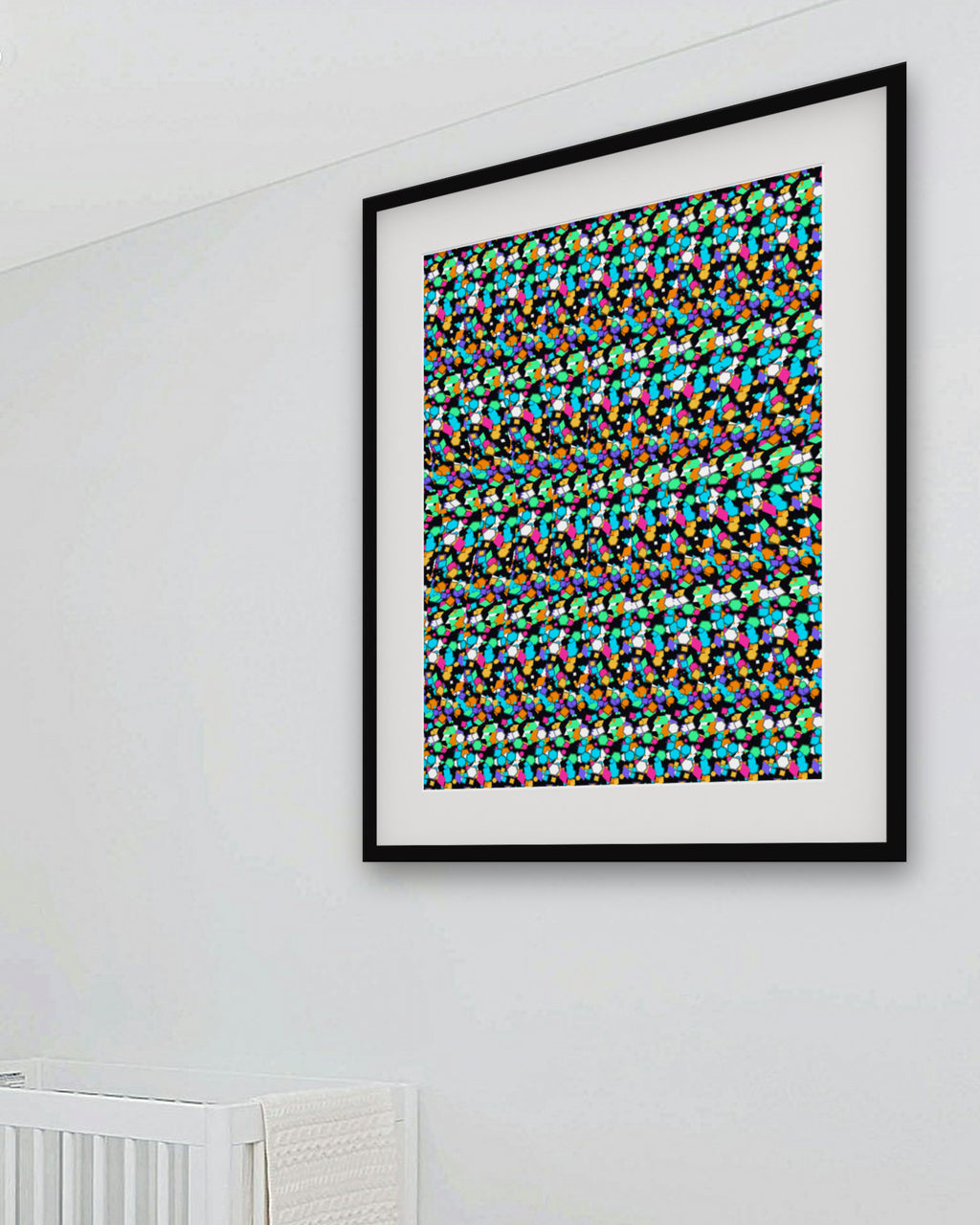 Infinite Steps Pyramid hidden 3D art print, framed in a bright kids / teen bedroom