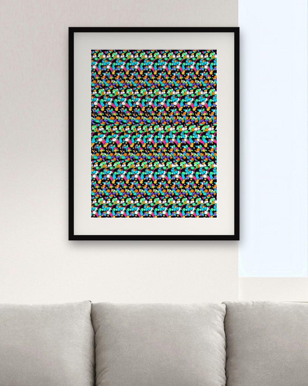 Infinite Steps Pyramid hidden 3D art print, framed in a modern living room