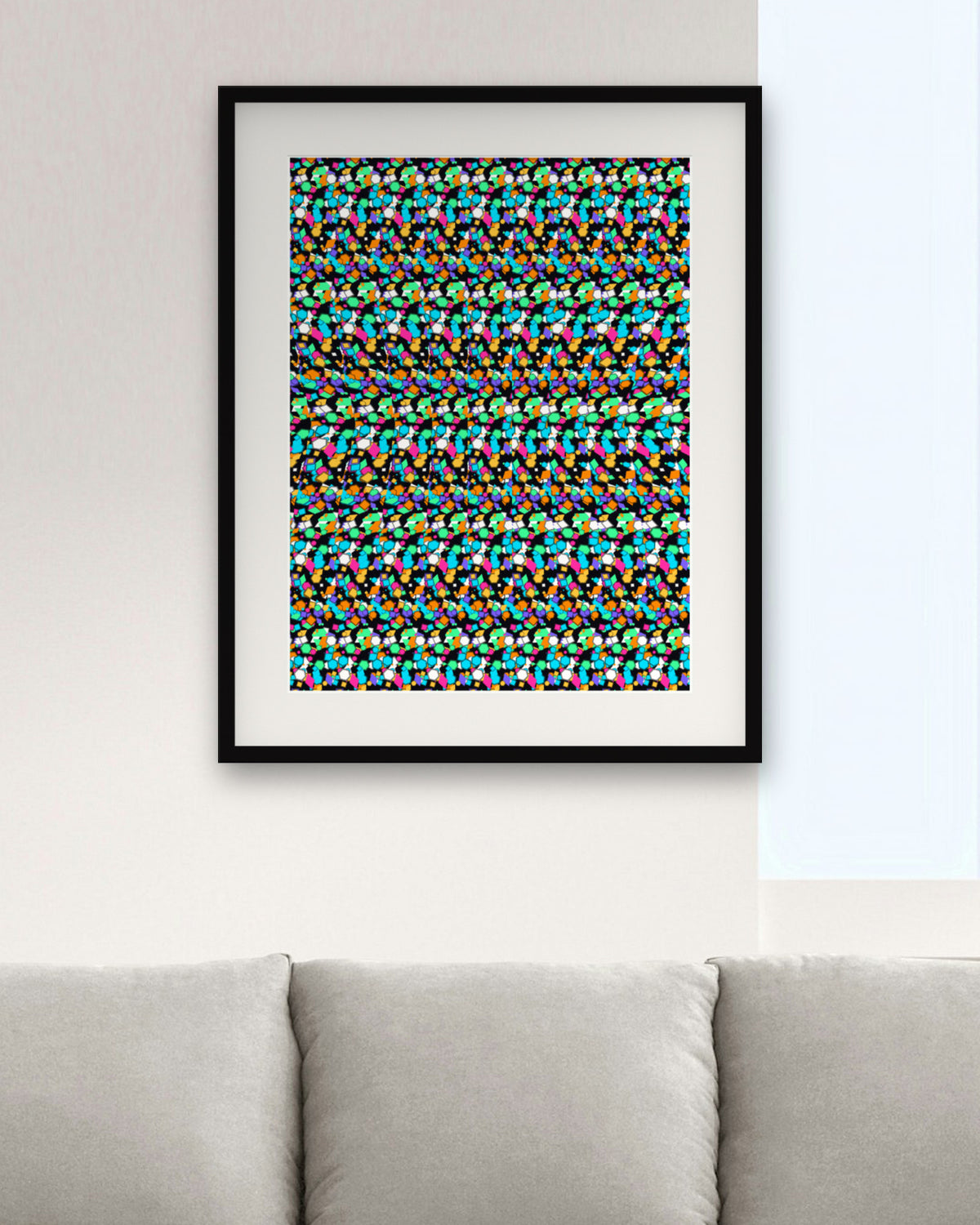 Infinite Steps Pyramid hidden 3D art print, framed in a modern living room