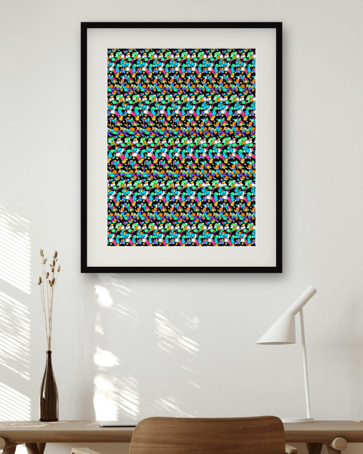 Infinite Steps Pyramid hidden 3D art print, framed in a home office