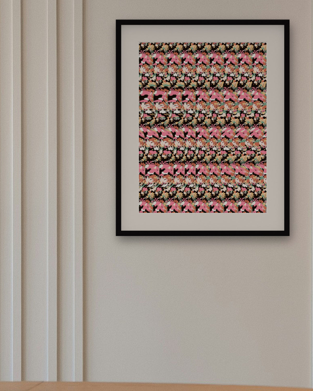 Hidden Hot Cocoa Mug hidden 3D art print, framed in a panelled dining room