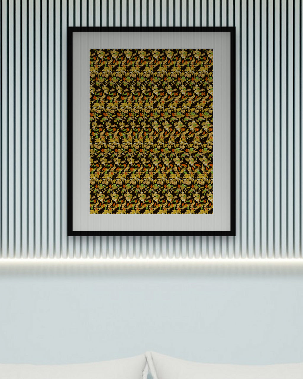 Golden Oak Leaf Reveal hidden 3D art print, framed in a calm bedroom