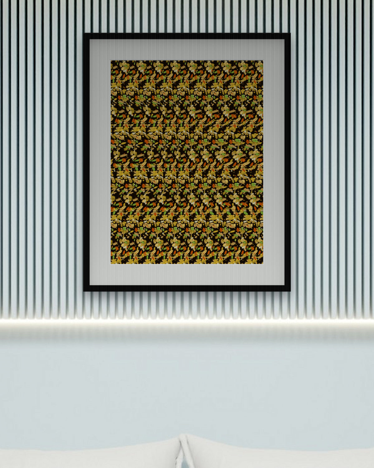 Golden Oak Leaf Reveal hidden 3D art print, framed in a calm bedroom