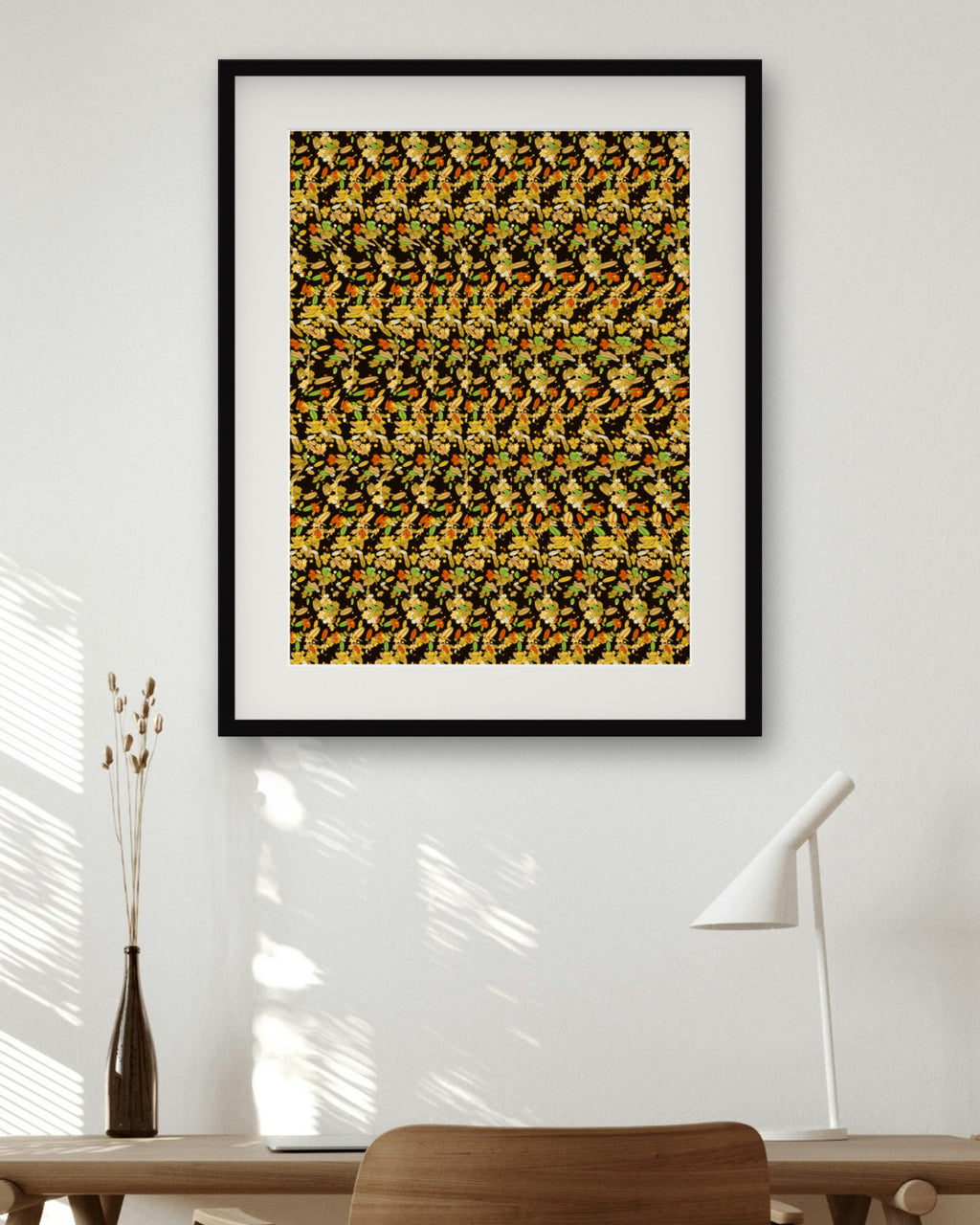 Golden Oak Leaf Reveal hidden 3D art print, framed in a home office