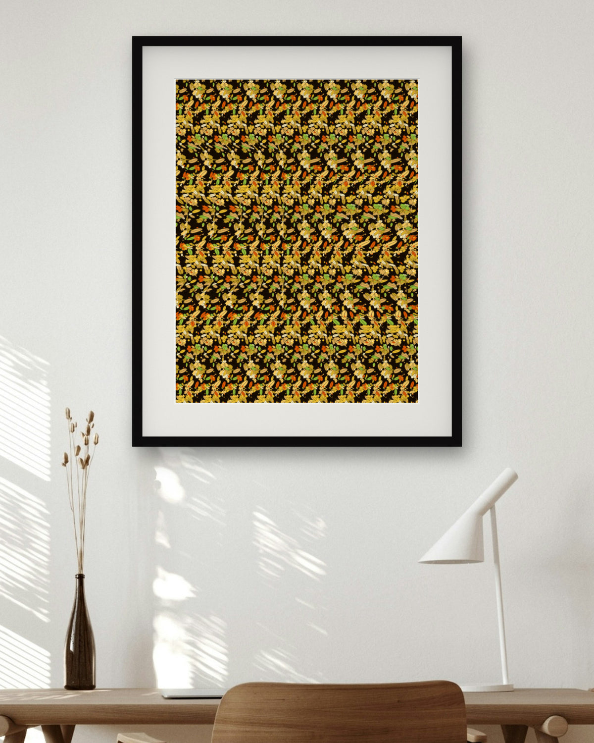 Golden Oak Leaf Reveal hidden 3D art print, framed in a home office