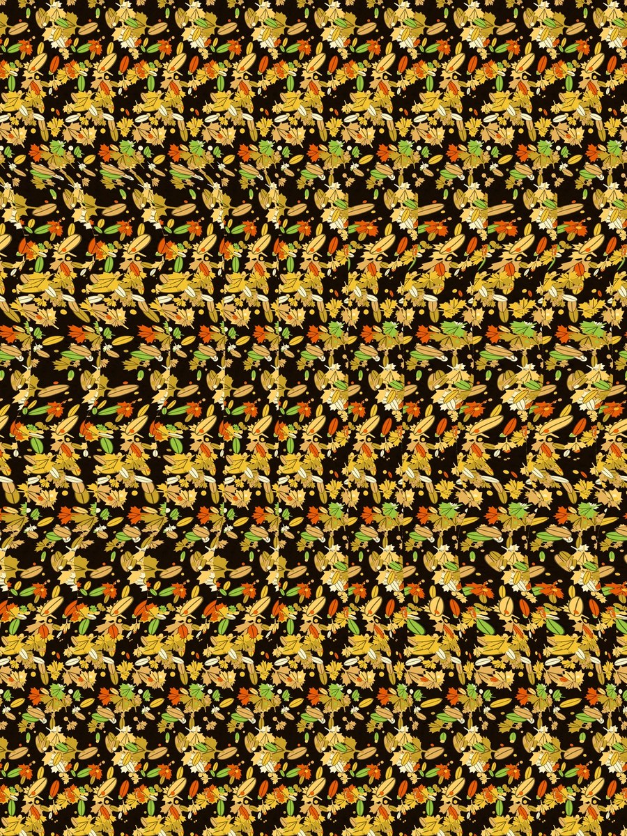 Golden Oak Leaf Reveal full stereogram pattern, flat view