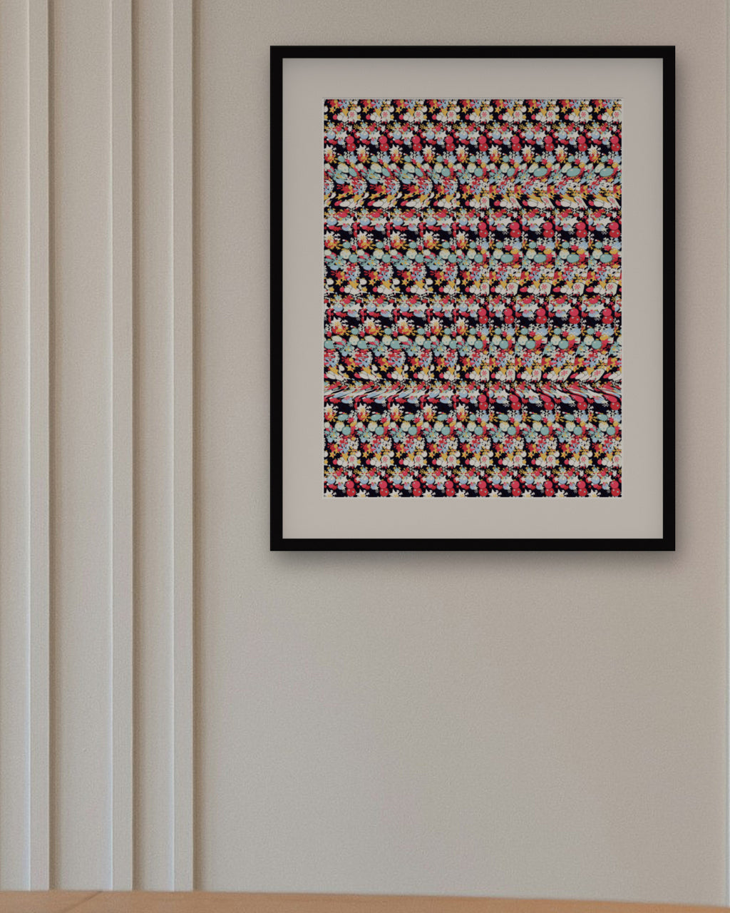 Silver Bell Surprise hidden 3D art print, framed in a panelled dining room