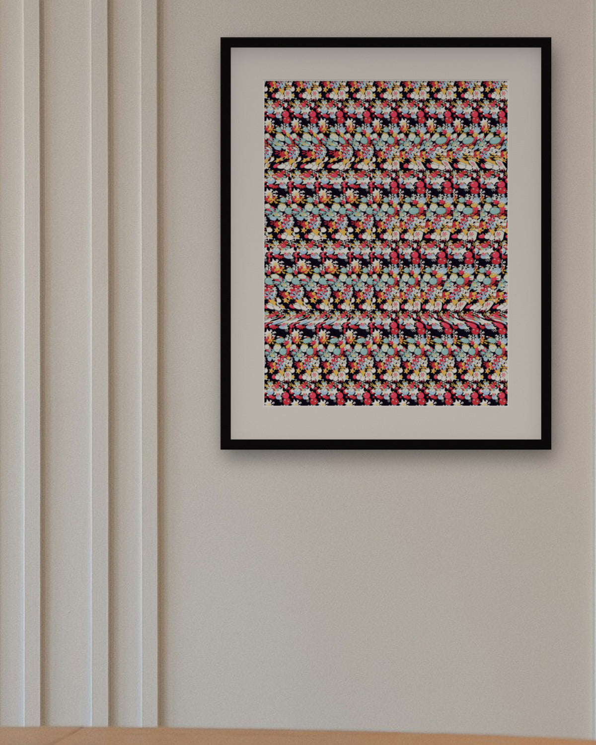 Silver Bell Surprise hidden 3D art print, framed in a panelled dining room