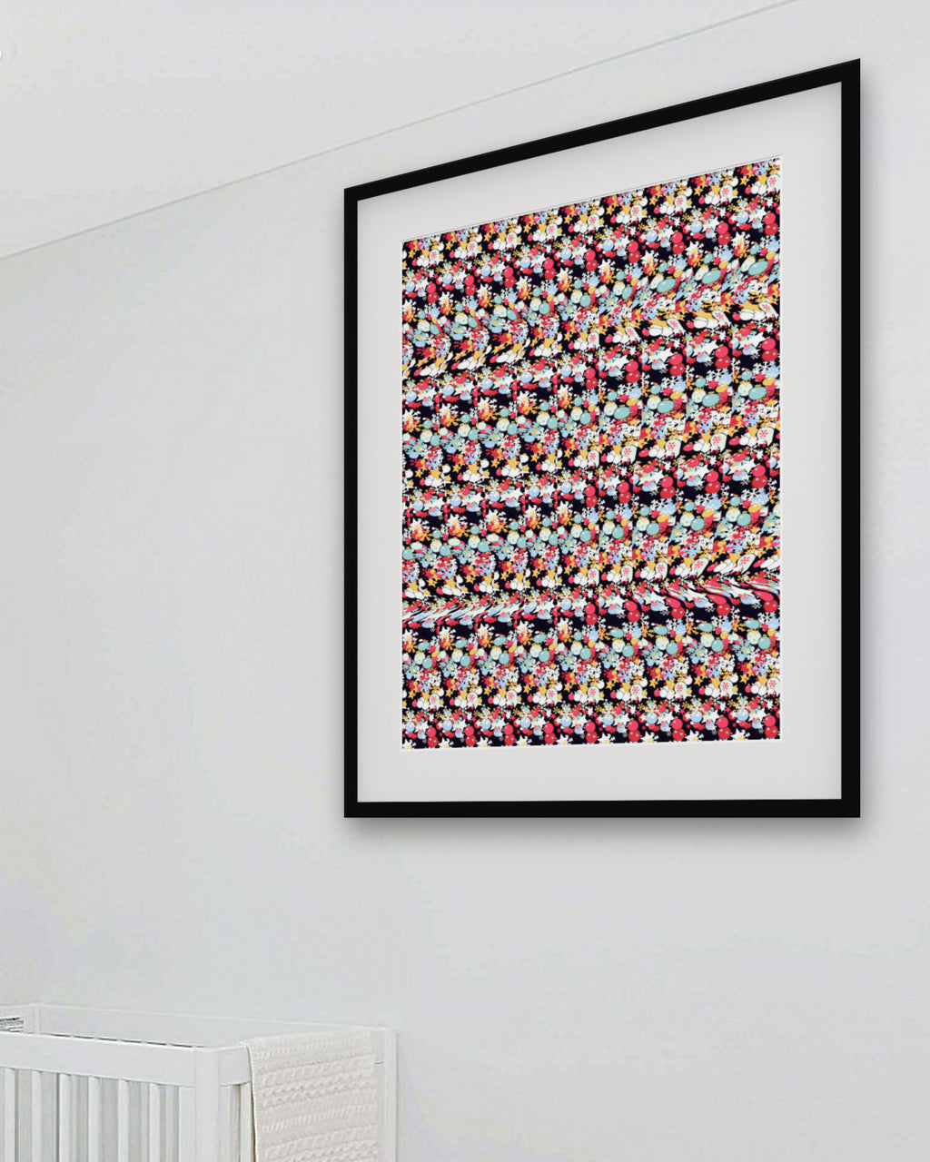Silver Bell Surprise hidden 3D art print, framed in a bright kids' room