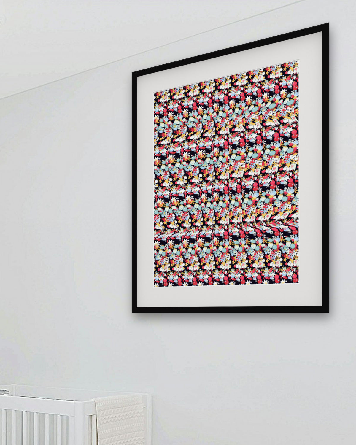 Silver Bell Surprise hidden 3D art print, framed in a bright kids' room
