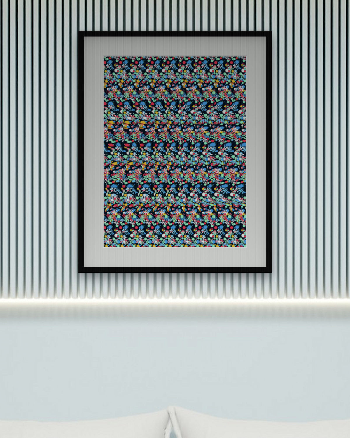 Cozy Mitten Mystery hidden 3D art print, framed in a calm bedroom