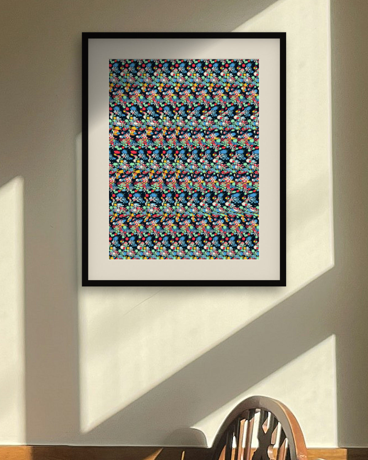Cozy Mitten Mystery hidden 3D art print, framed in a sunlit dining nook