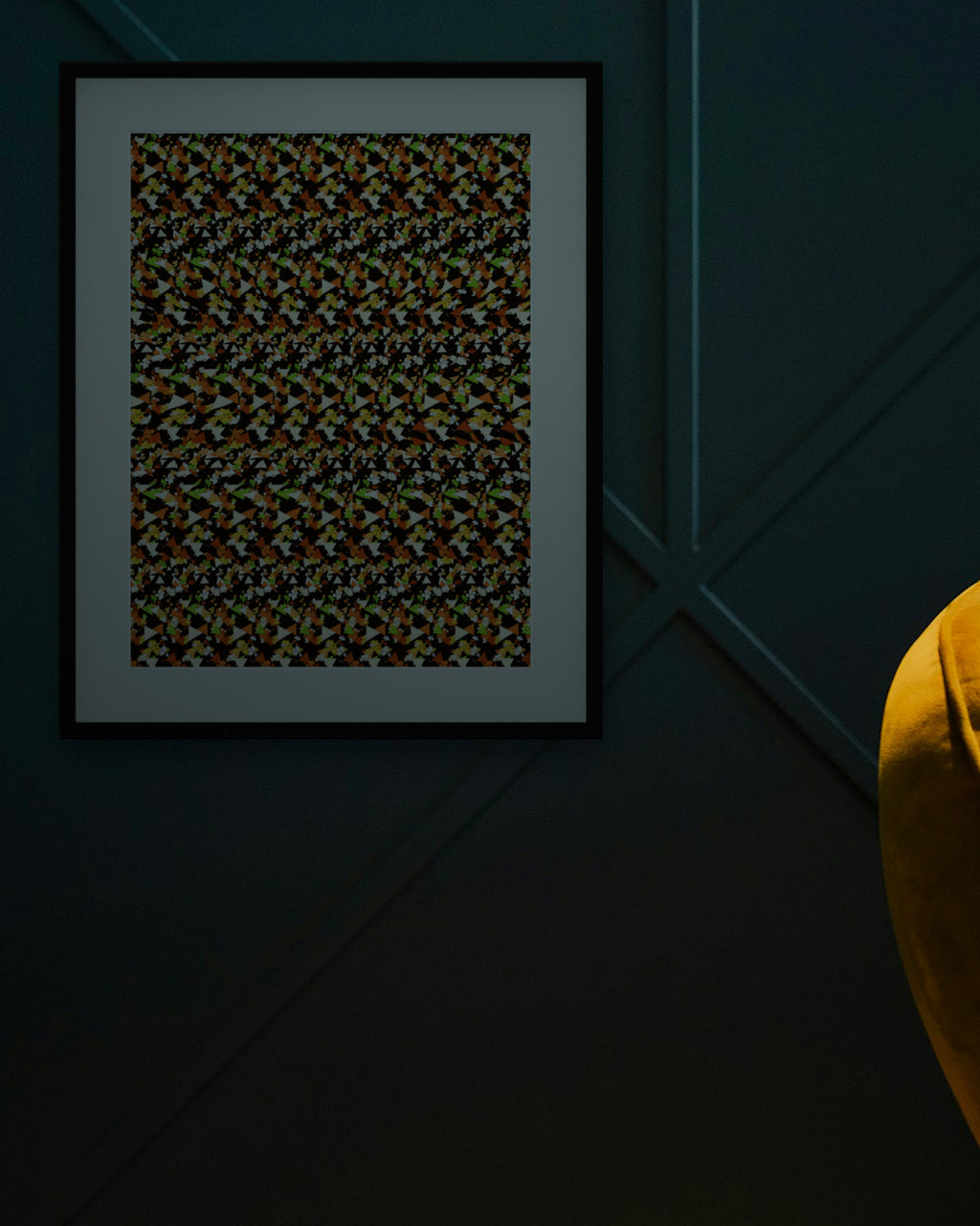 Clever Fox Hideaway hidden 3D art print, framed in a dark luxury lounge