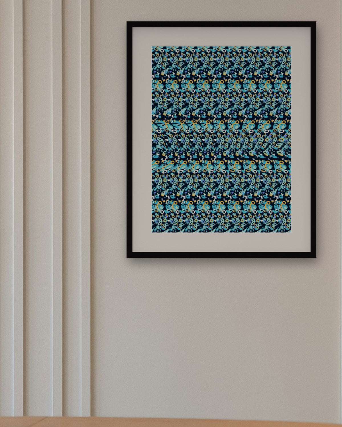 Gentle Whale Song hidden 3D art print, framed in a panelled dining room