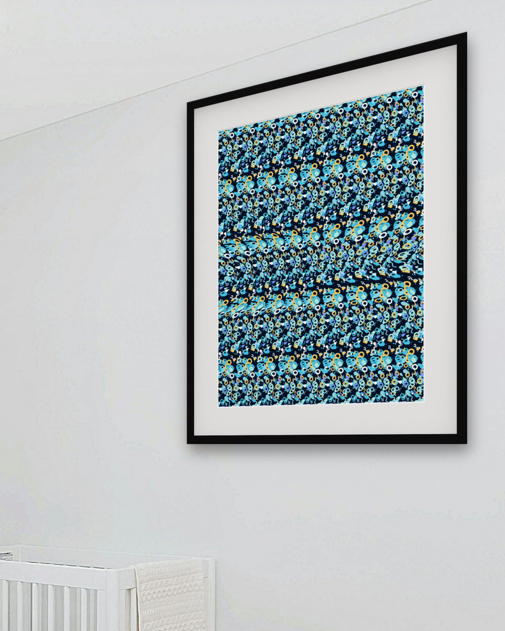 Gentle Whale Song hidden 3D art print, framed in a bright kids' room