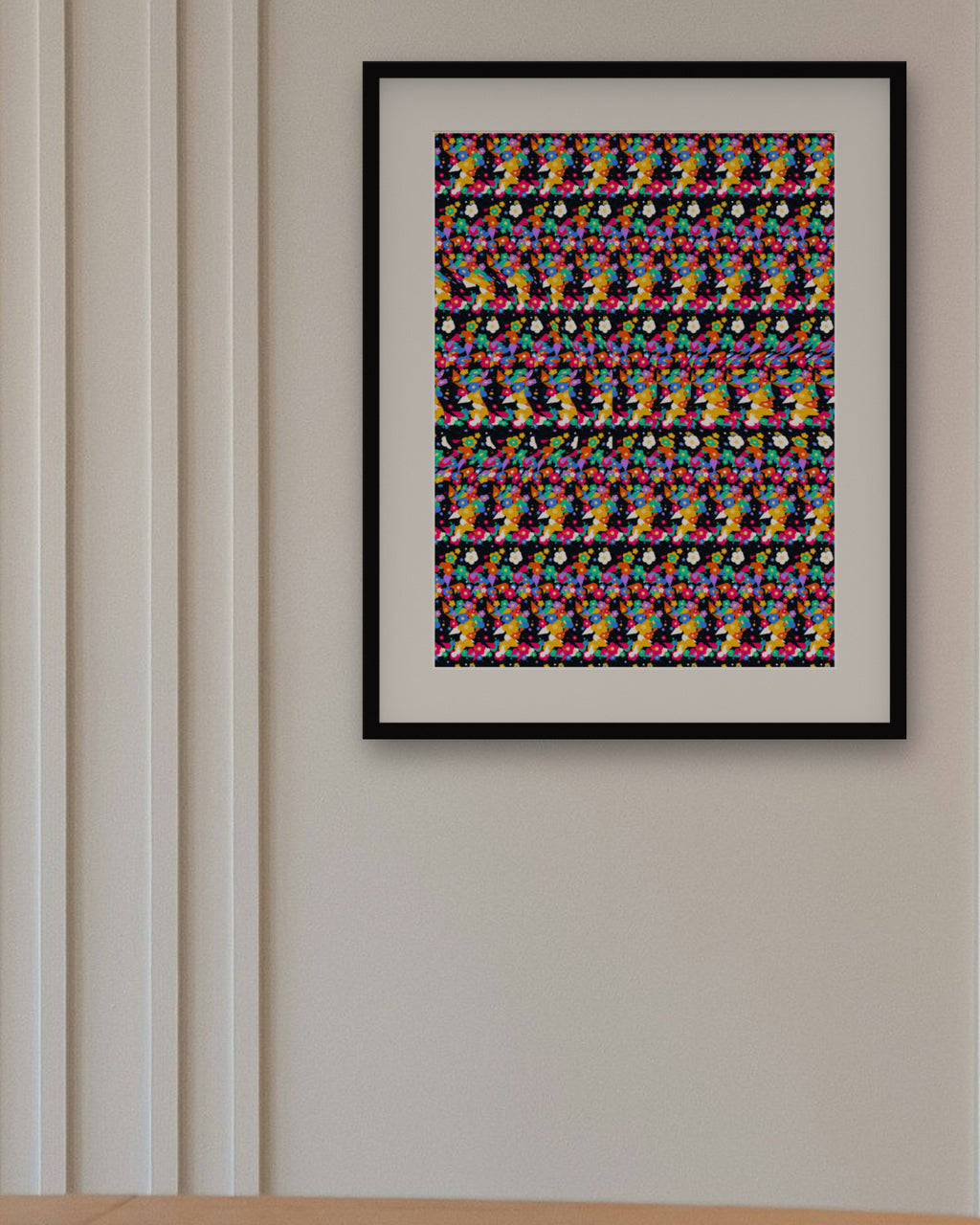 Hidden Hummingbird Flight hidden 3D art print, framed in a panelled dining room