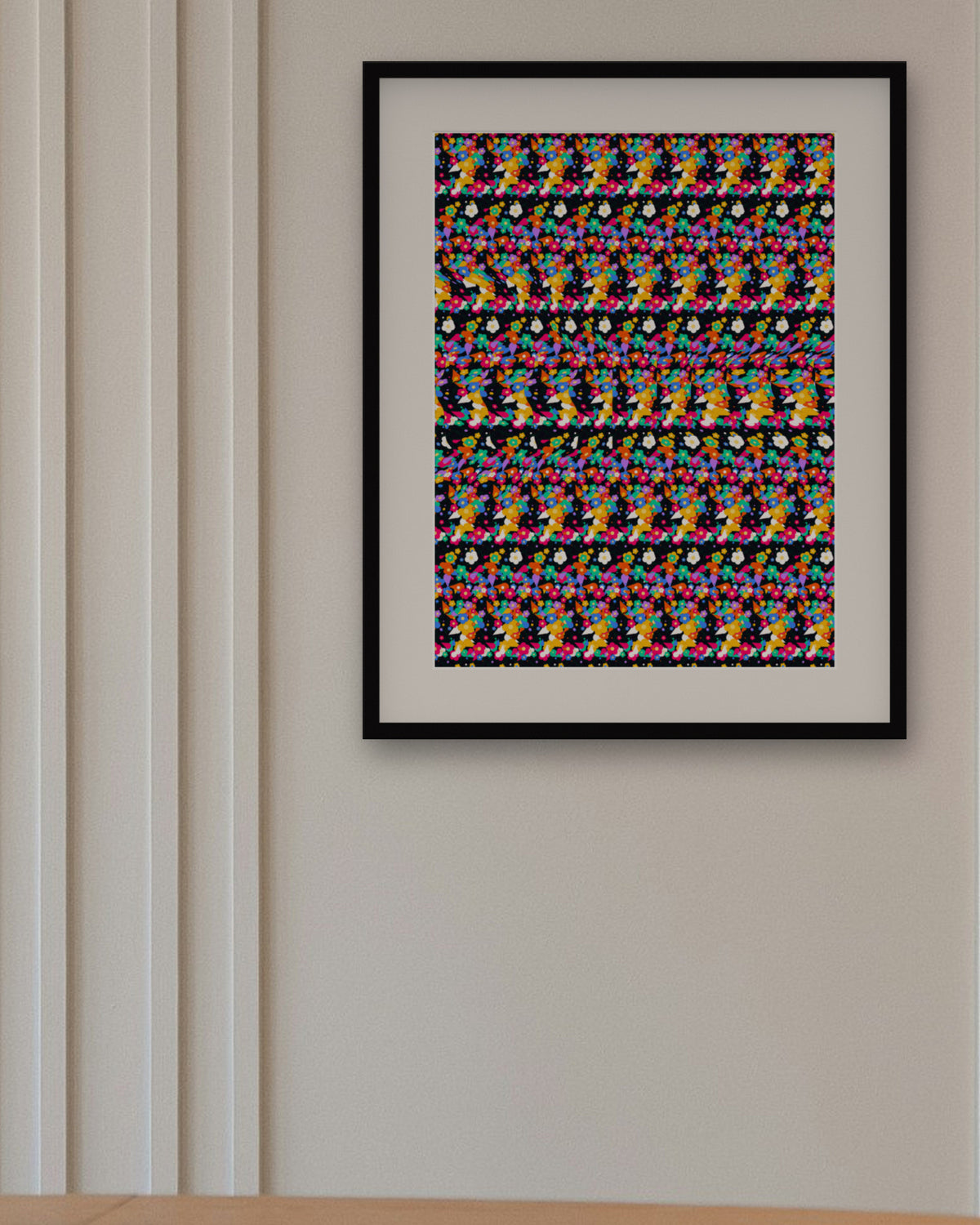 Hidden Hummingbird Flight hidden 3D art print, framed in a panelled dining room