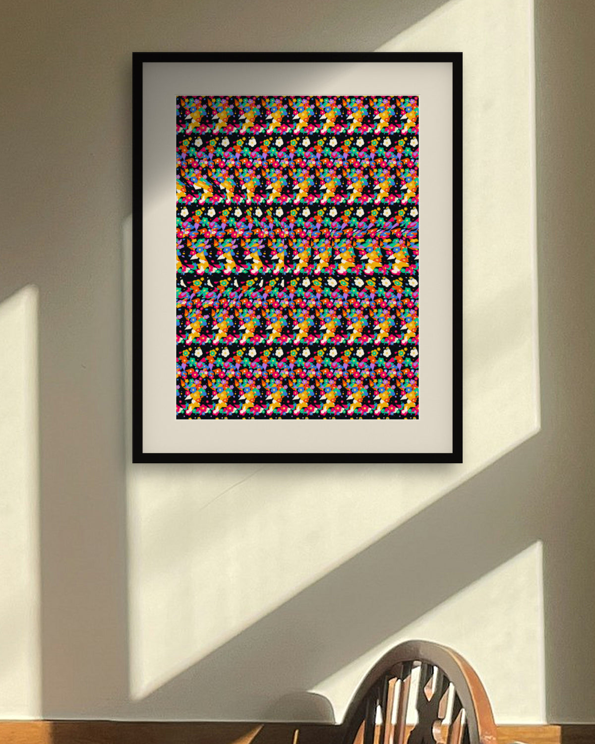 Hidden Hummingbird Flight hidden 3D art print, framed in a sunlit dining nook