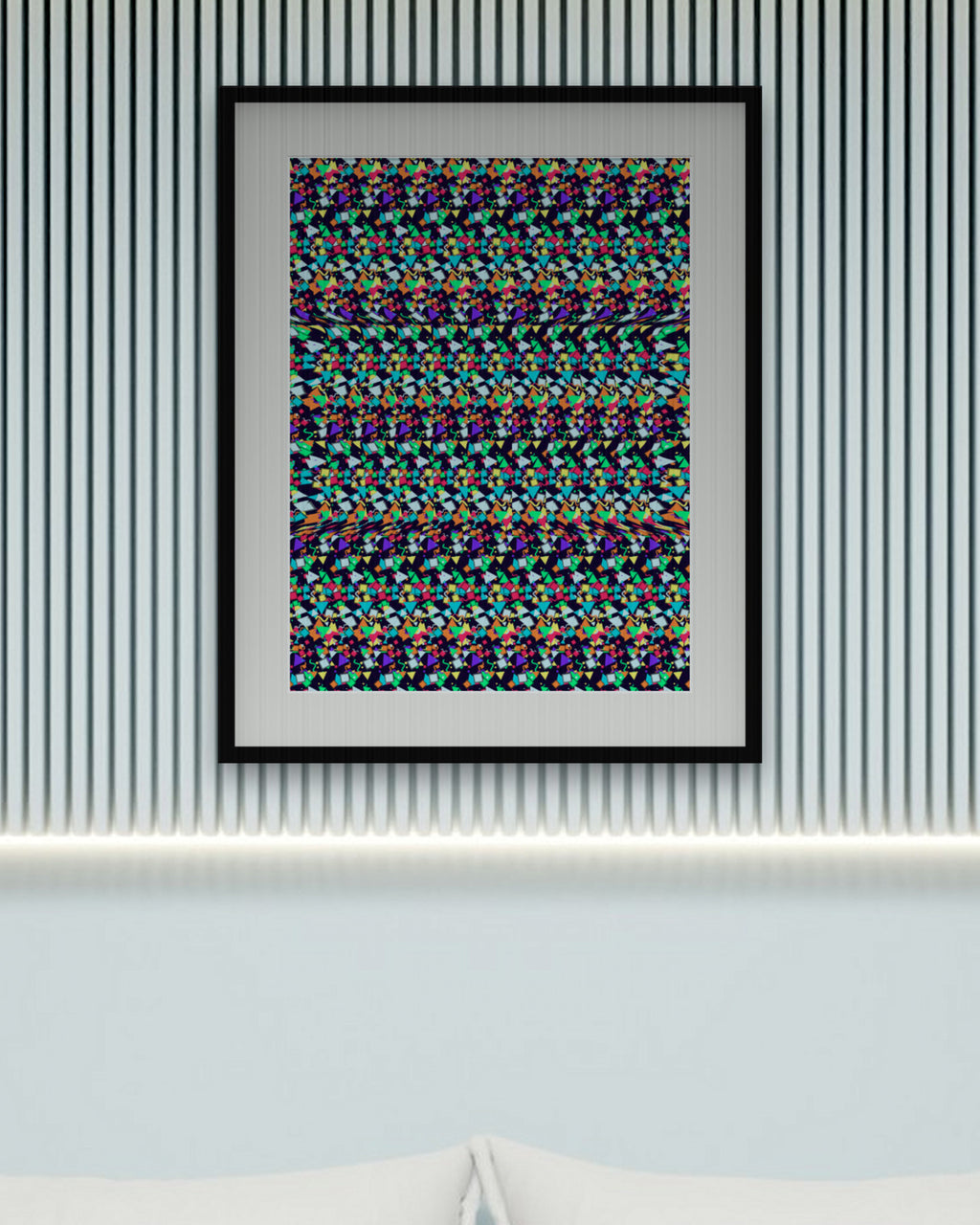 Mixtape Cassette Rewind hidden 3D art print, framed in a calm bedroom