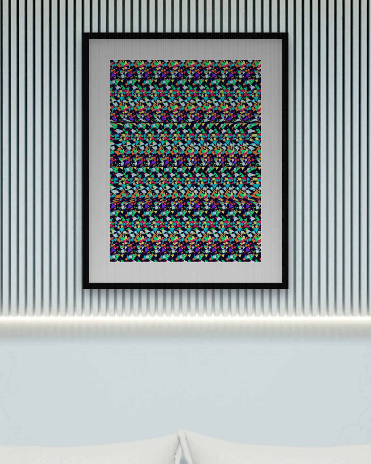 Mixtape Cassette Rewind hidden 3D art print, framed in a calm bedroom