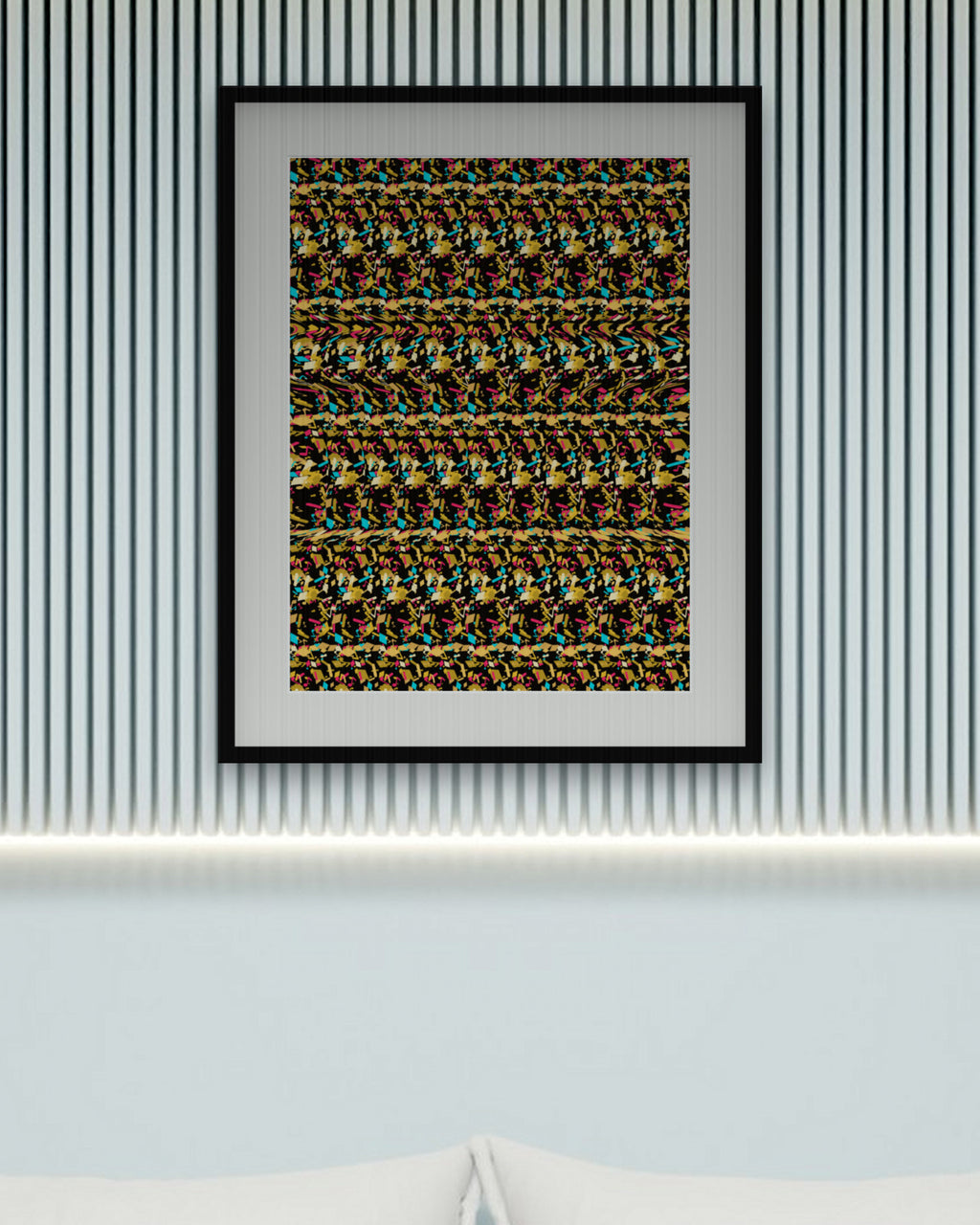 Block Party Boombox hidden 3D art print, framed in a calm bedroom