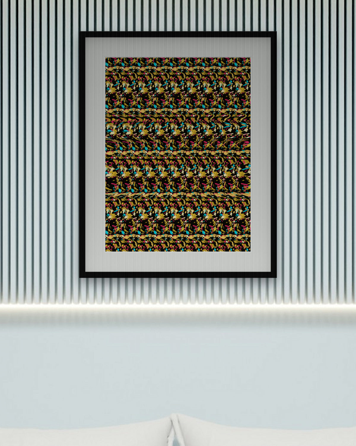 Block Party Boombox hidden 3D art print, framed in a calm bedroom